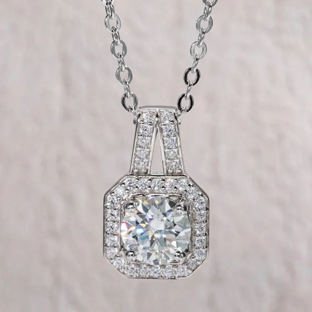 Certified 1ct. t.w. Moissanite Diamond Square Halo Pendant Necklace NEW